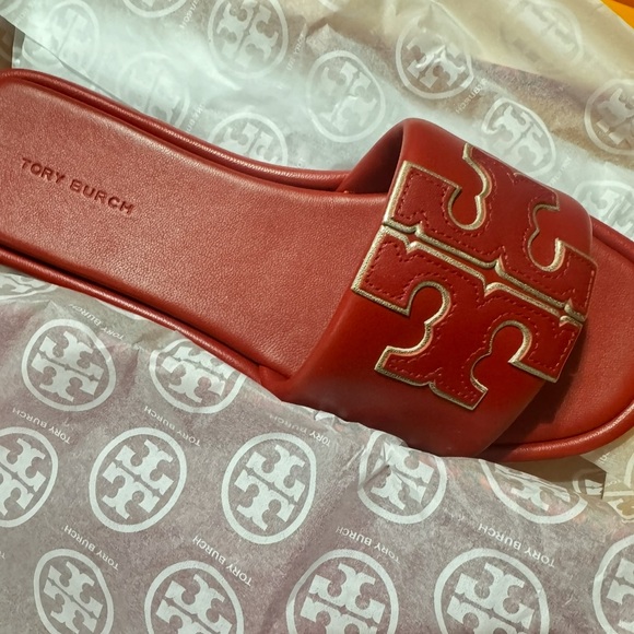 Tory Burch Double T Red Slide Sandals - Picture 1 of 2